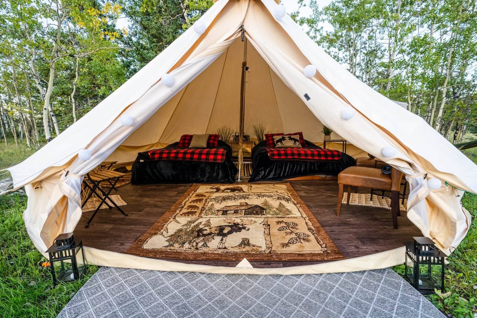 Canvas glamping tent with two plaid-covered beds, rustic rug and forest backdrop.