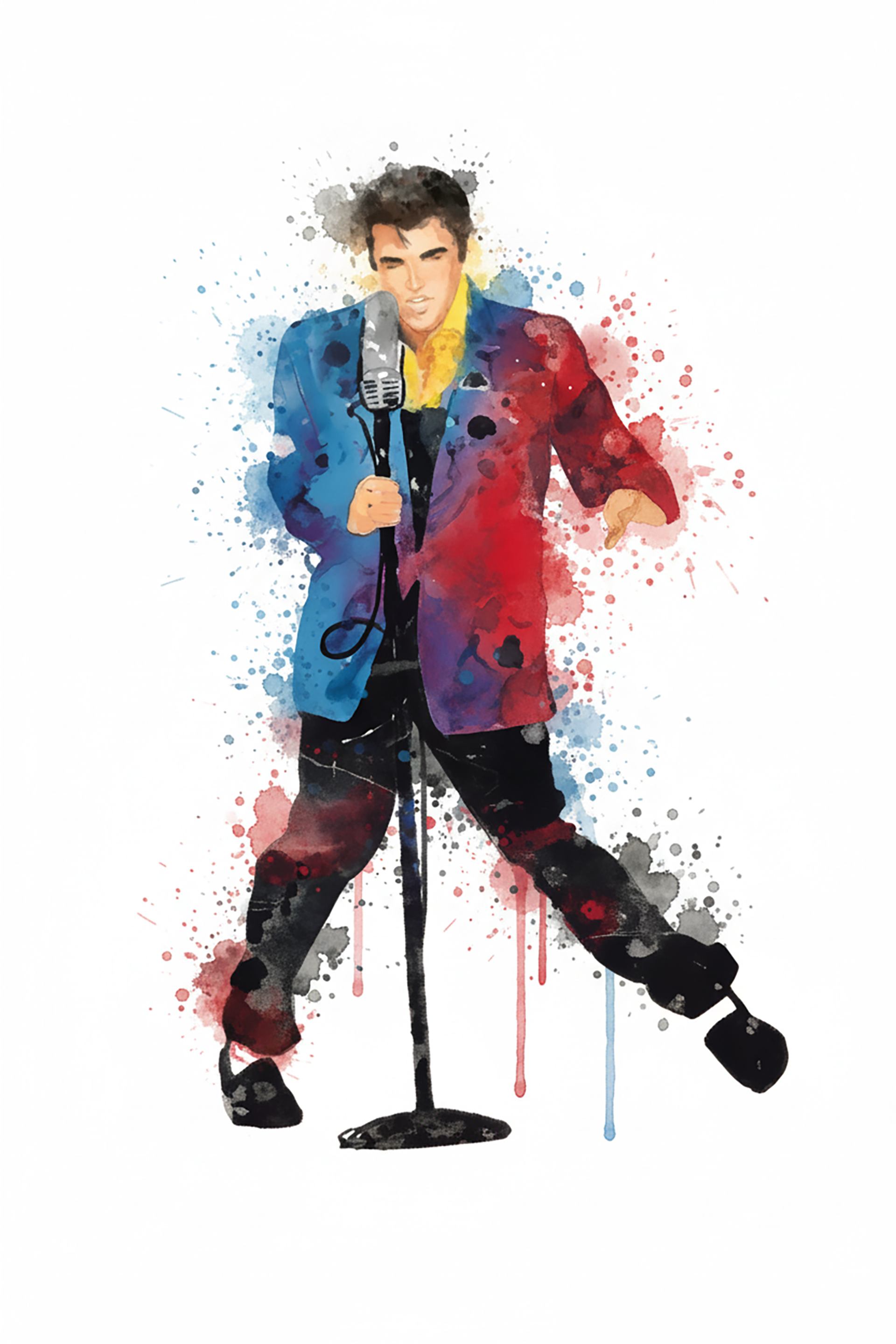 Watercolour illustration of a singer in colourful suit performing at a vintage microphone stand.