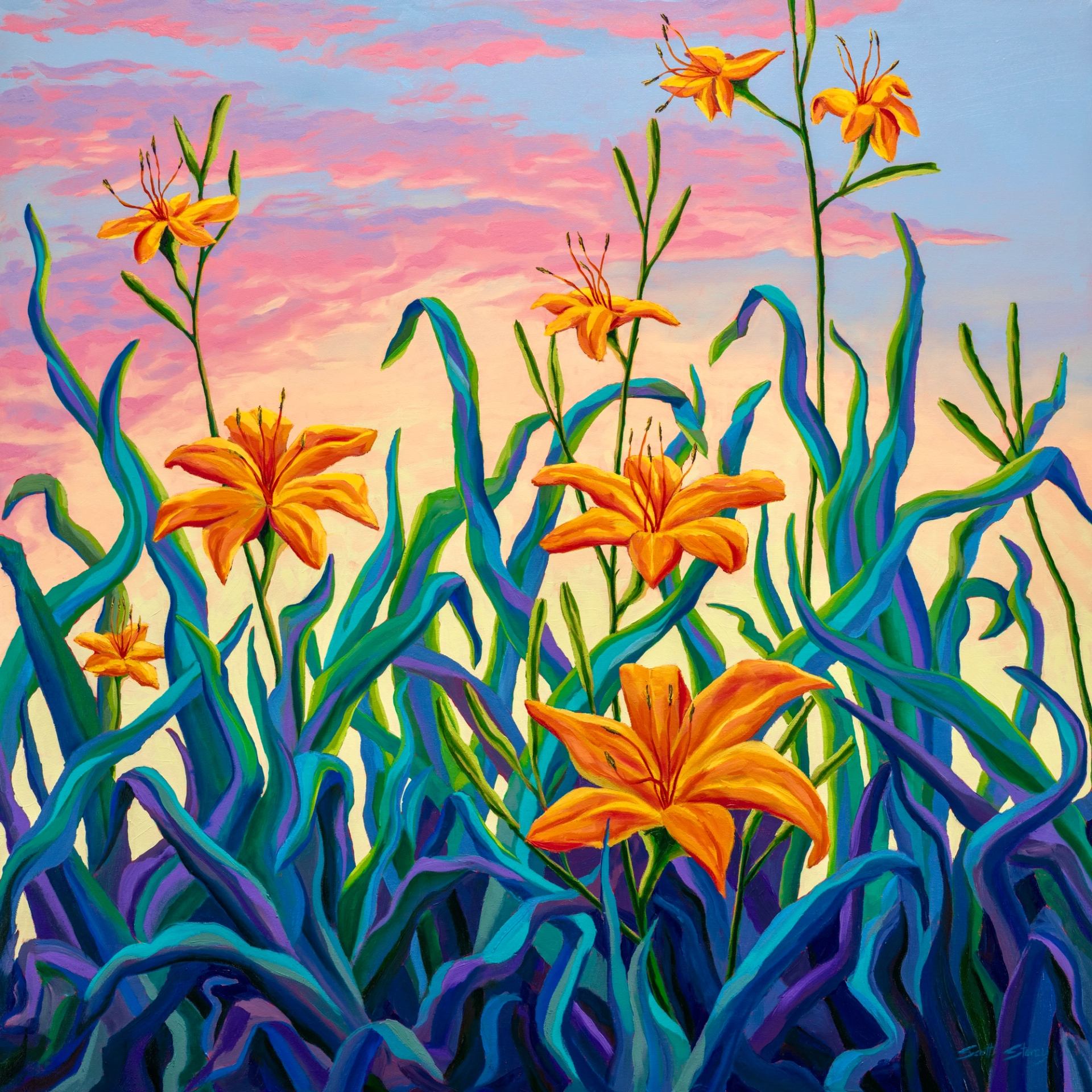 Painting of orange flowers and a bright red sky.