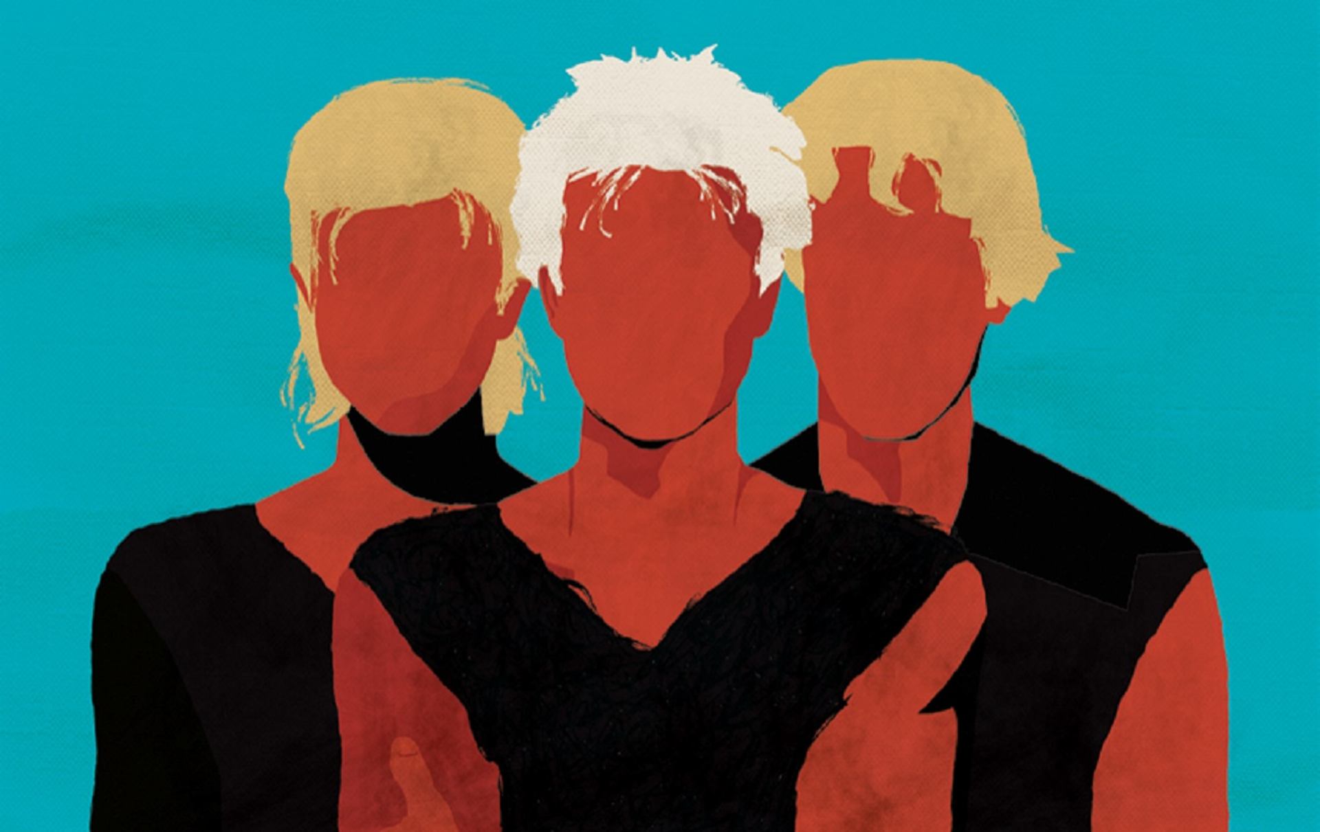 Stylized trio with red faces and blonde hair on a blue background.