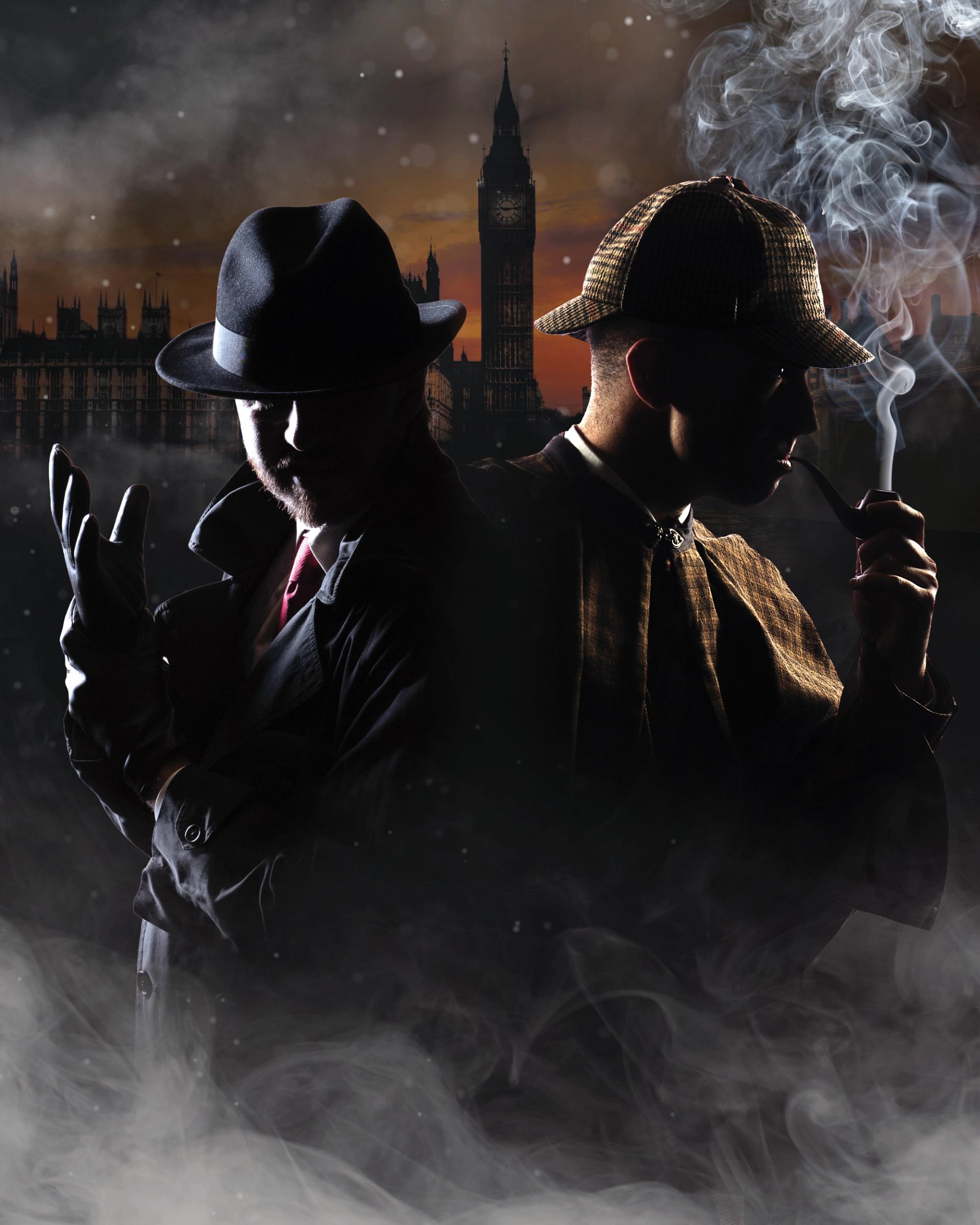 Two silhouetted detectives back to back, one smoking a pipe, Big Ben behind.