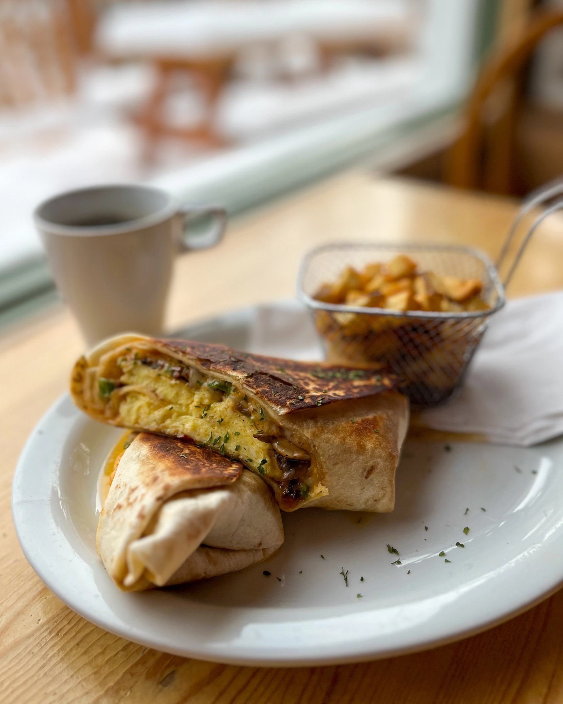 Breakfast burrito and coffee.