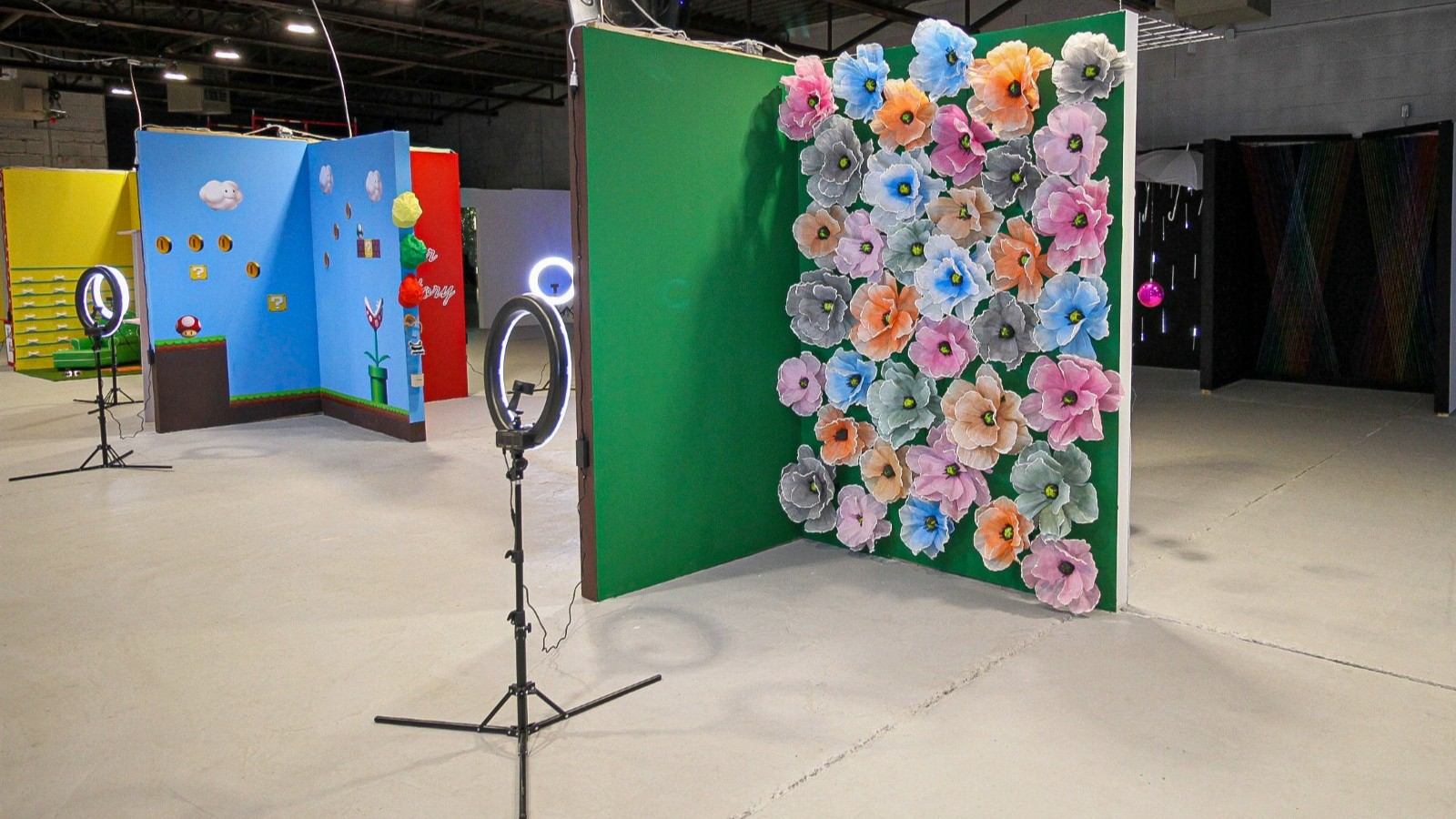 Photo studio with colourful flower wall, themed backdrops and ring lights on stands.