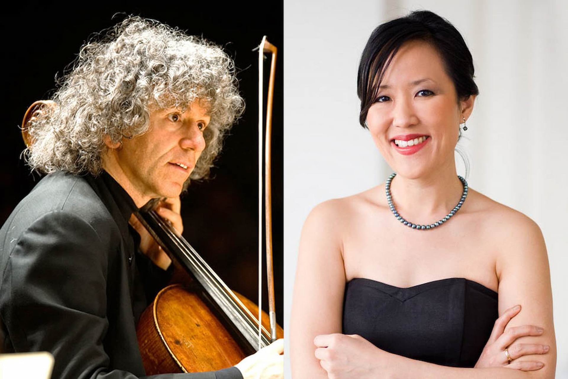 Split image of cellist performing on stage and person in strapless dress posing indoors.