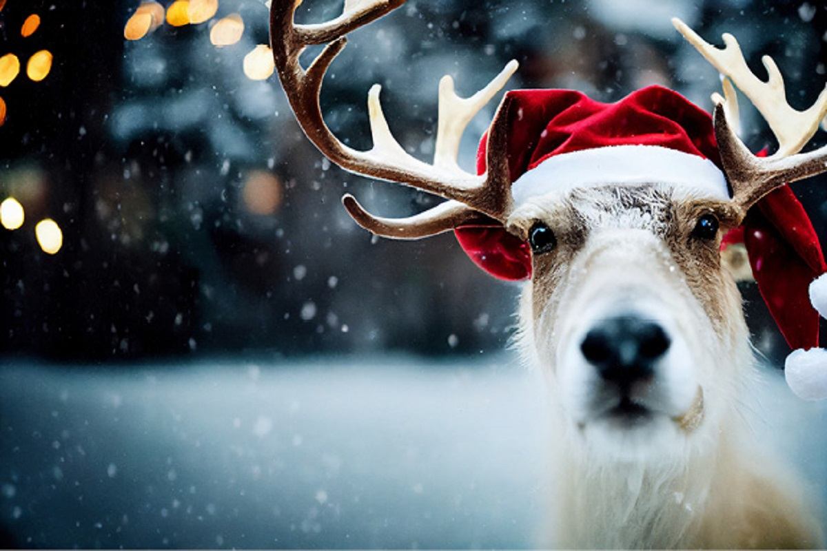 A reindeer head with a Santa hat.