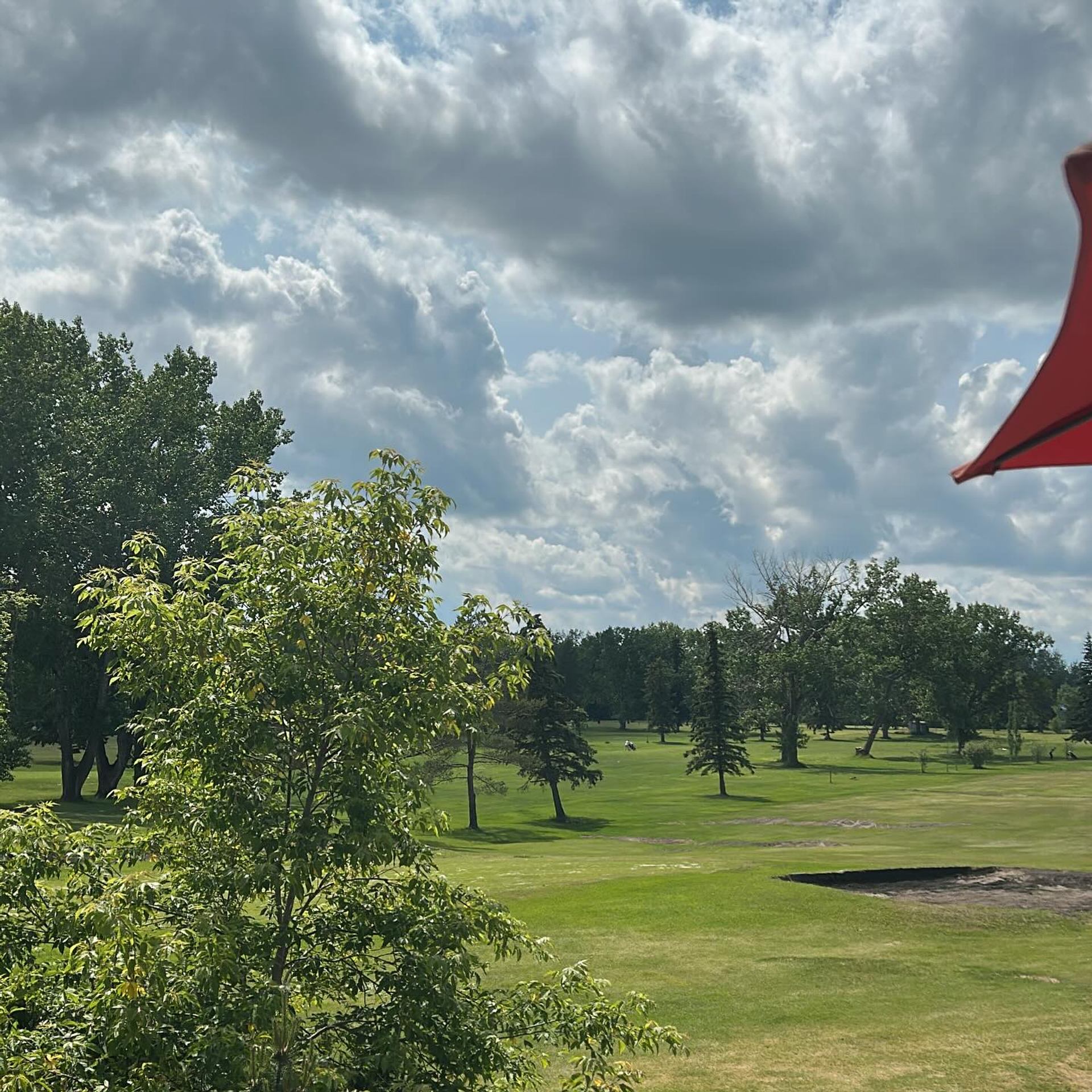 View of the golf course with trees, green fairway, and cloudy sky.