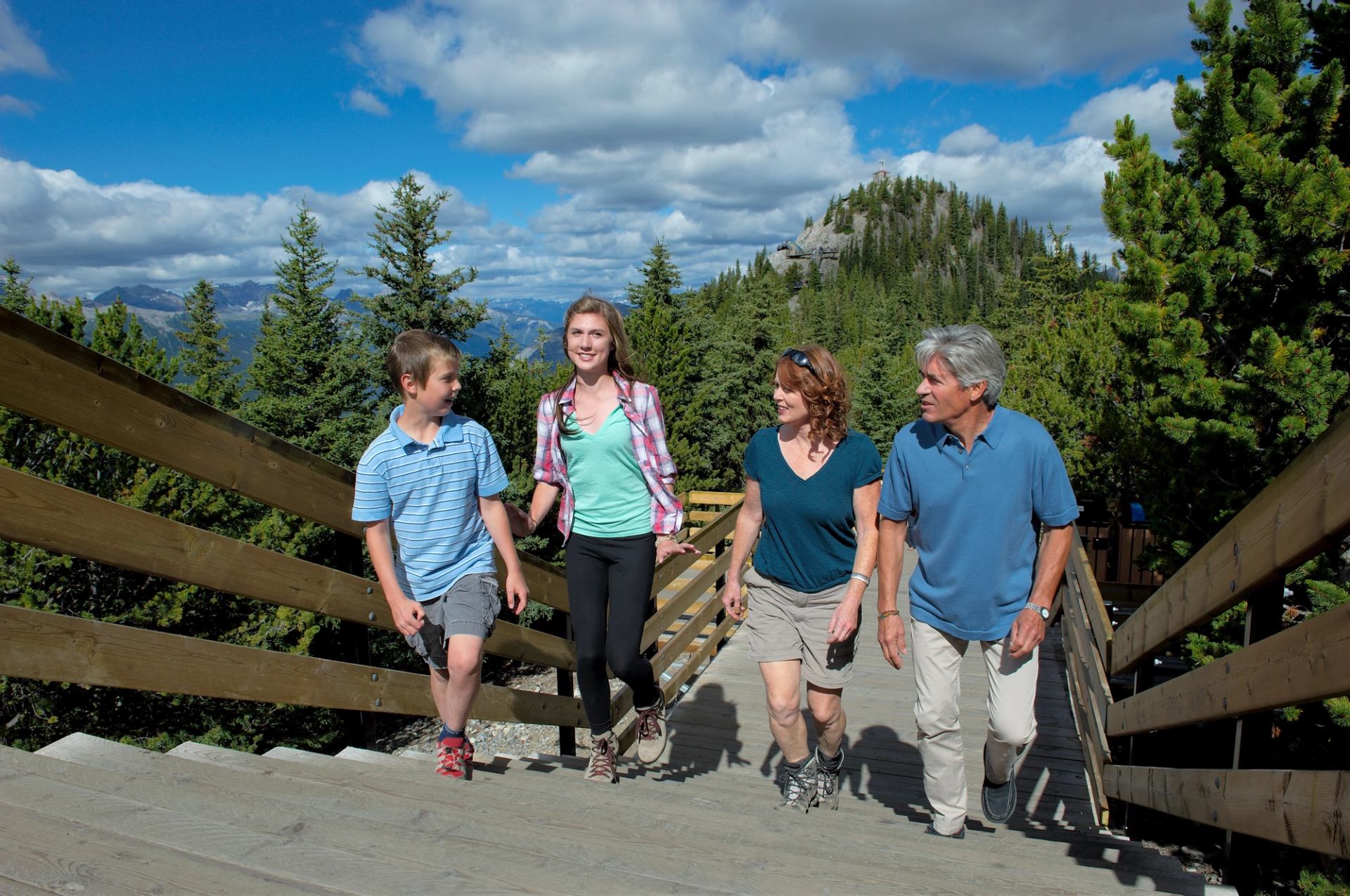 Group hiking up a wooden boardwalk through alpine trees with mountain views. 