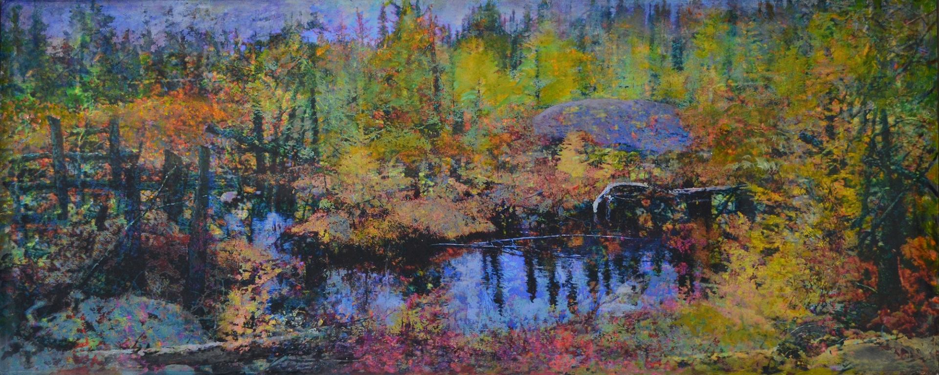 Robin Smith Peck painting of pond in the forest using lime greens, pinks, purples and blues.