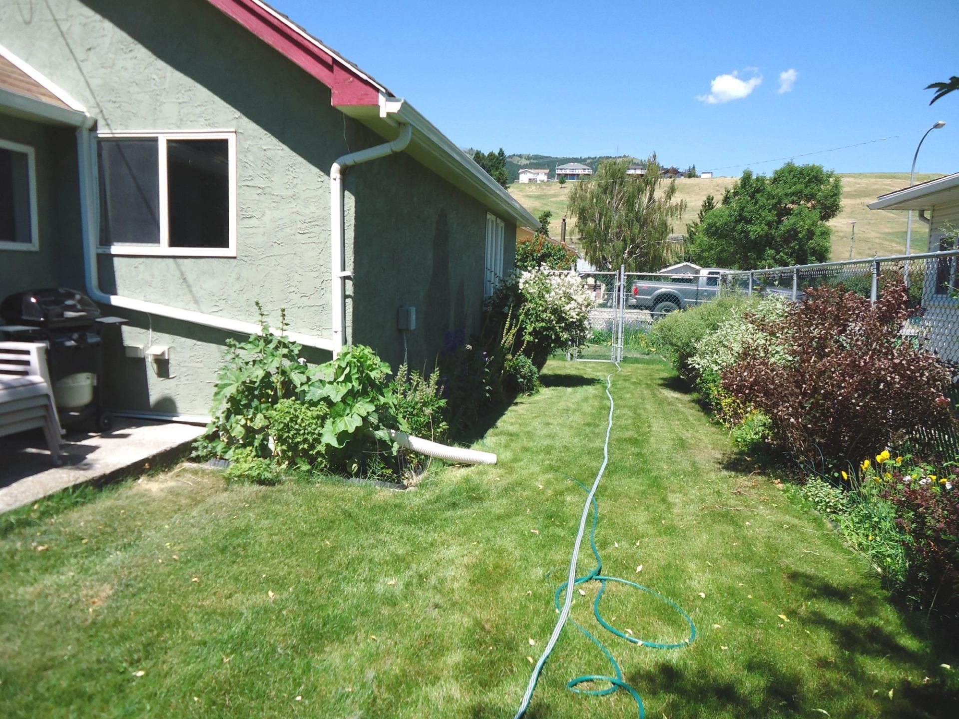 Side yard beside house with lawn, garden shrubs, hose and chain-link fence.