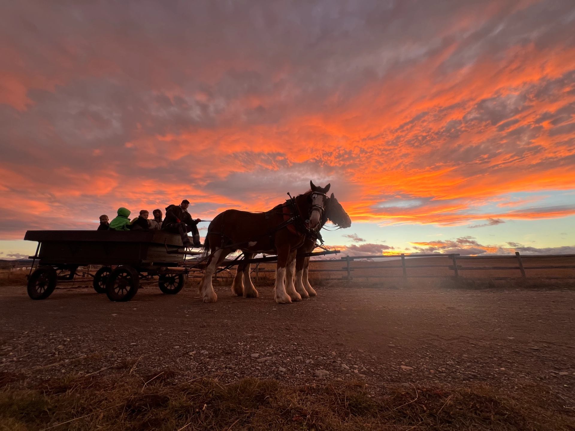 A horse‑drawn wagon silhouetted against a vivid orange sunset sky.