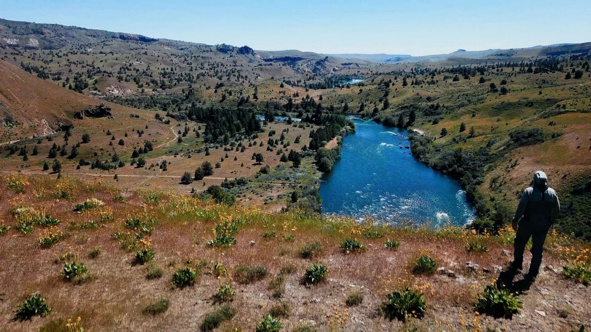 Hiker stands on grassy hillside overlooking winding blue river through wide valley.