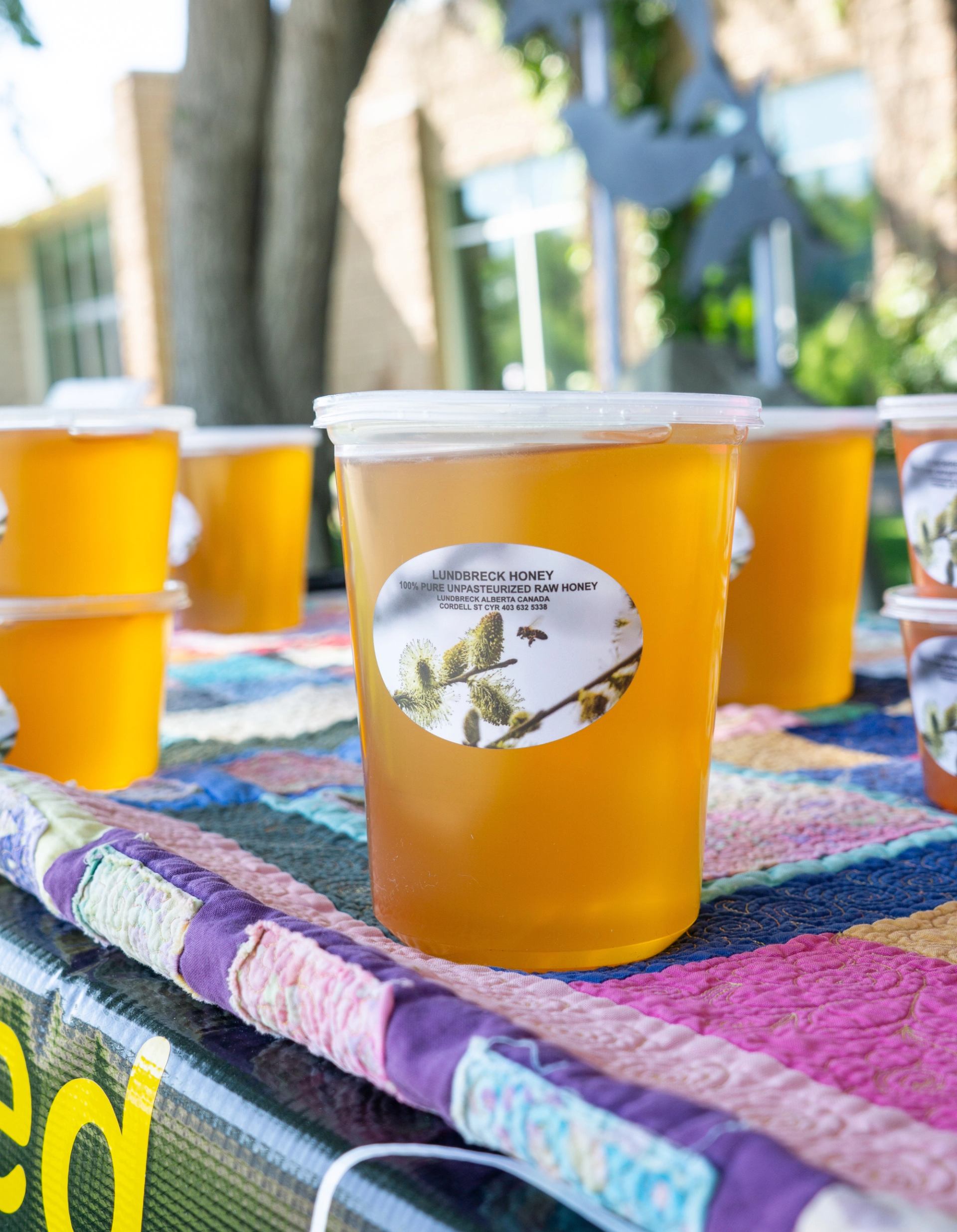 Clear tubs of golden honey displayed on a colorful quilt at the market
