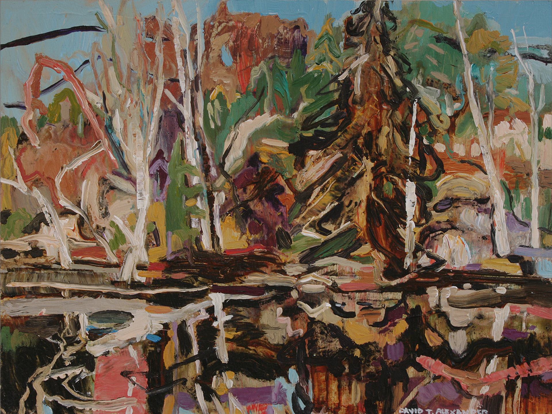 Abstract forest painting with white trunks, dense foliage and colourful reflections in water.