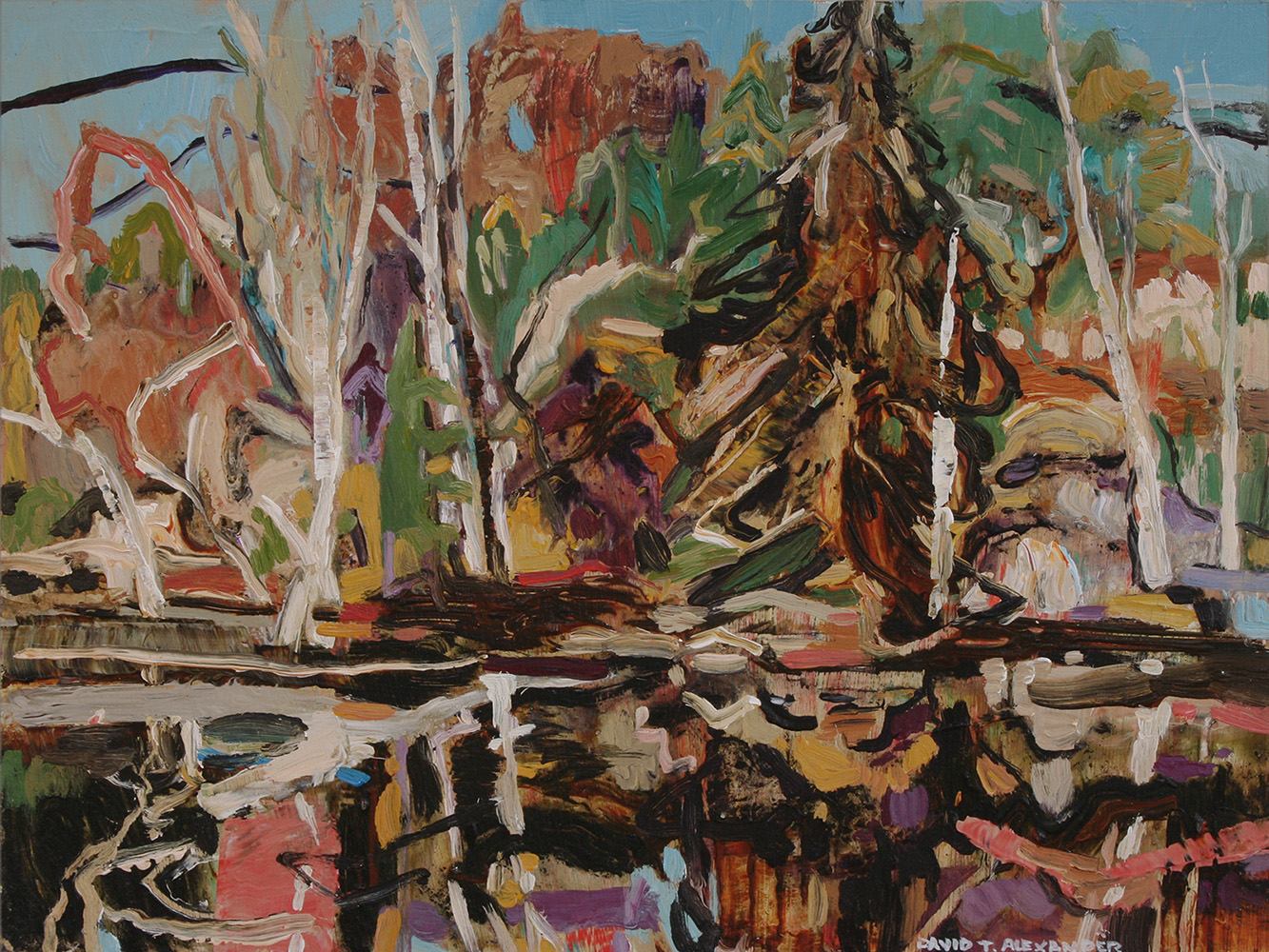 Abstract forest painting with white trunks, dense foliage and colourful reflections in water.