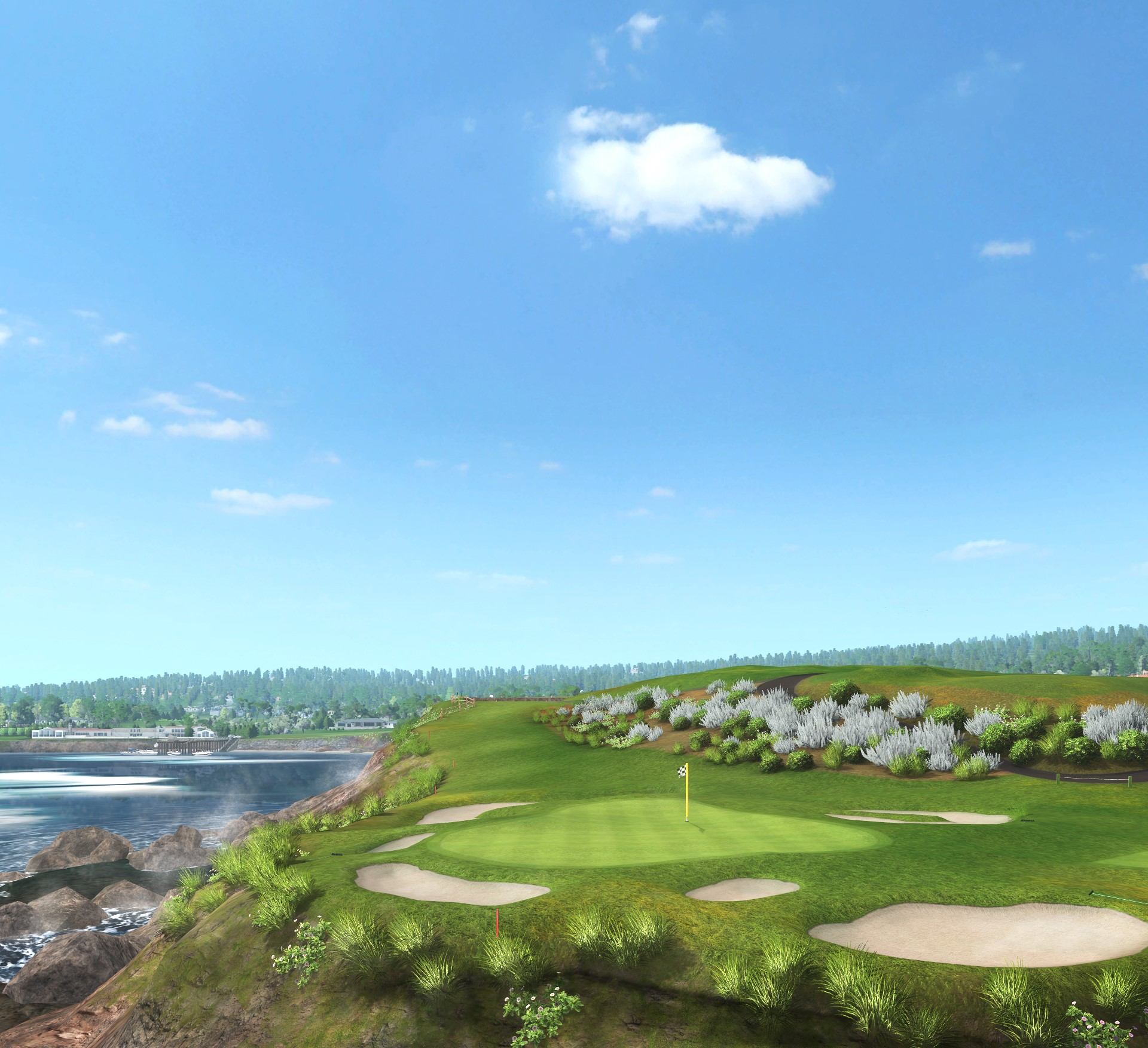 Virtual golf course with ocean view and sand bunkers