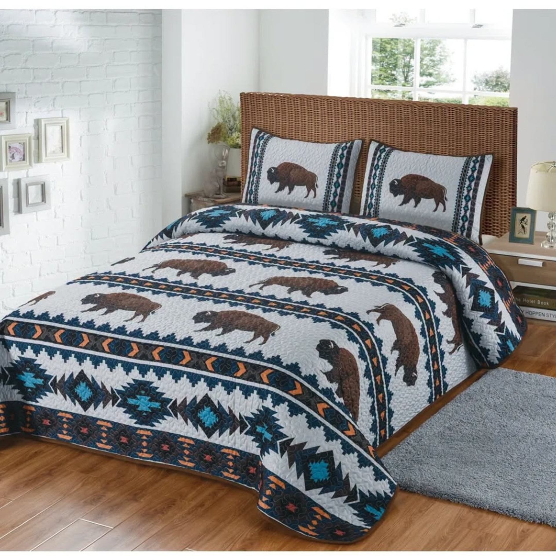 Bed with buffalo-patterned quilt and pillows in bright, patterned bedroom decor.