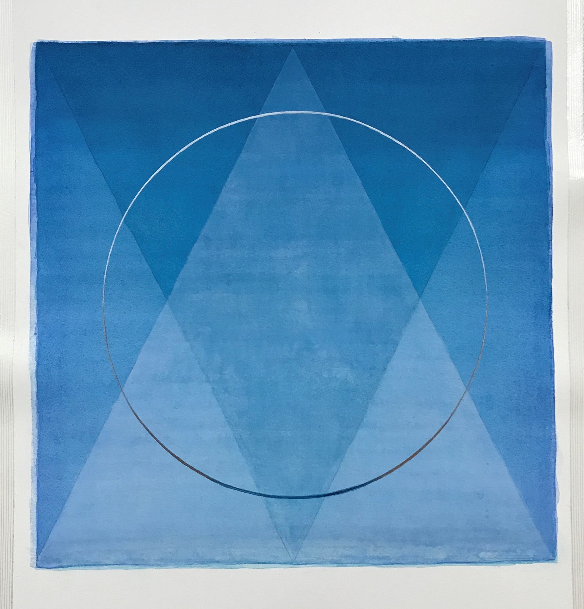 Geometric artwork featuring a large circle with overlapping blue triangles inside a blue square.