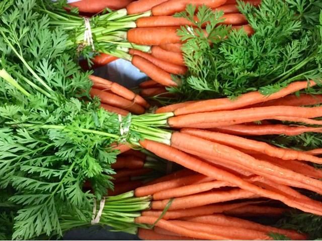 Bunches of carrots with leafy green tops piled together.