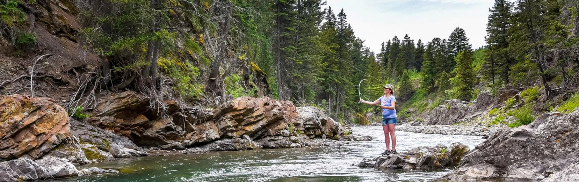 Woman fly fishing in rocky creek surrounded by forest