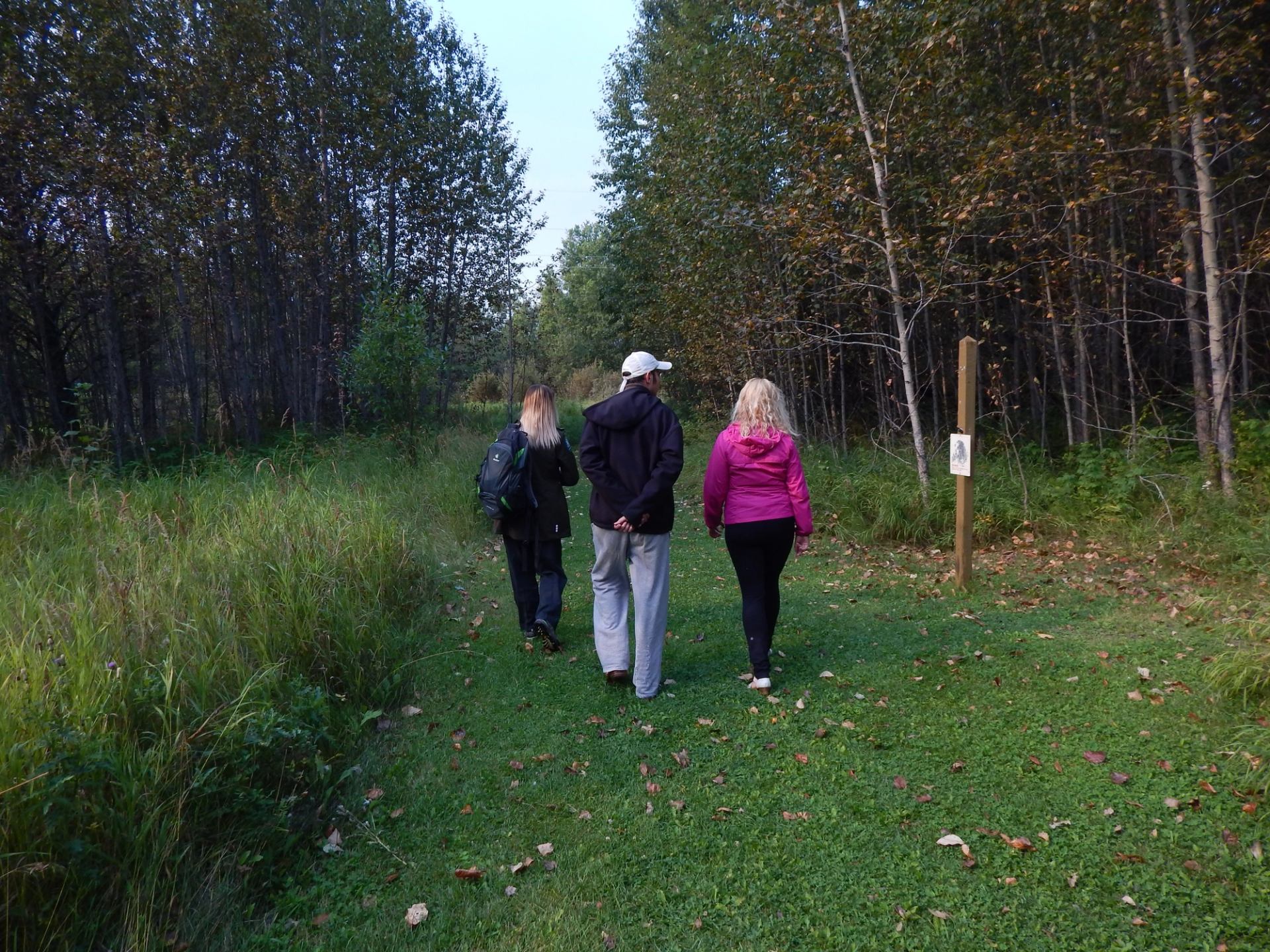 Three people, one in Alberta Parks uniform, walk along a trail.