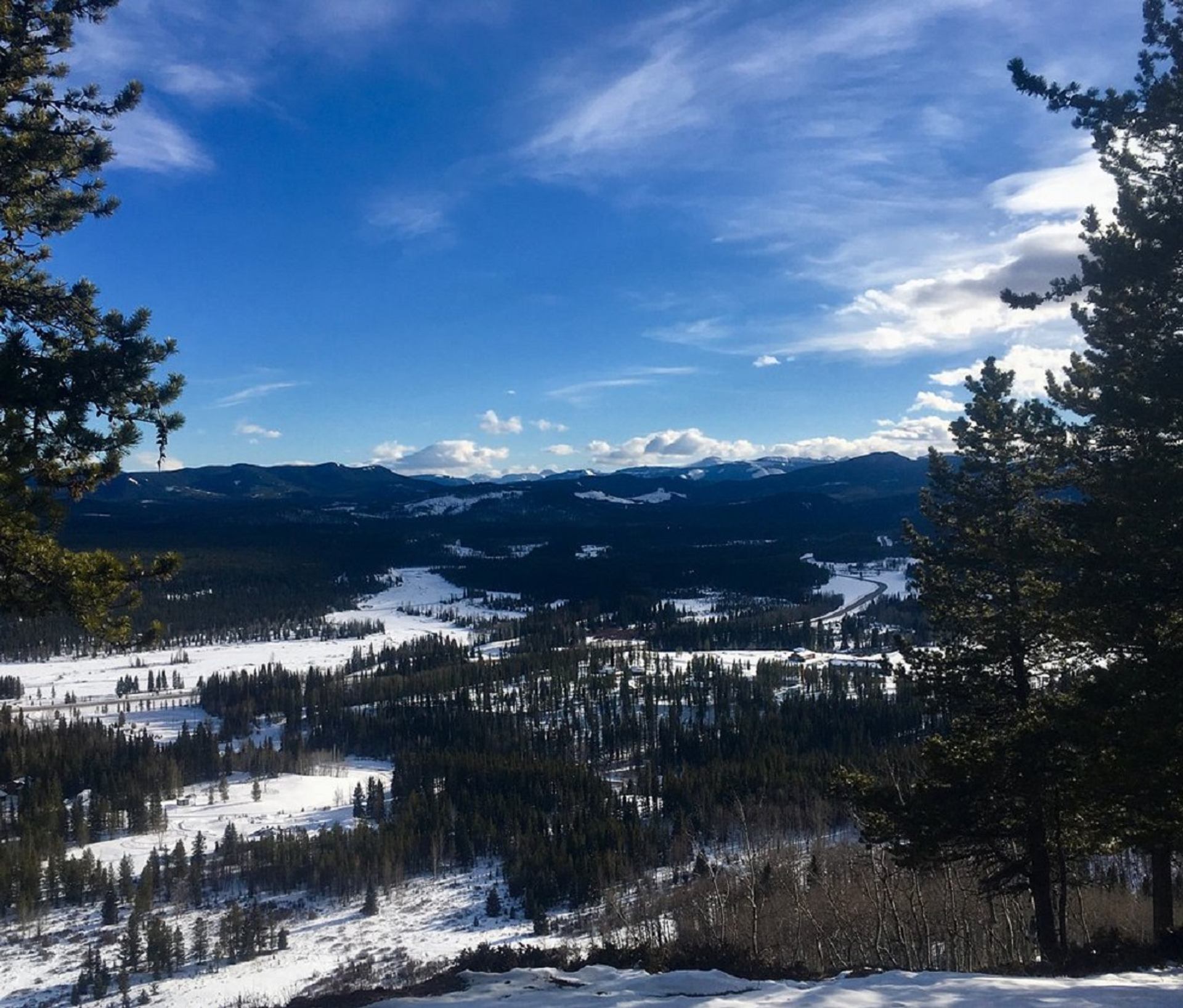 Panoramic winter landscape of a snow-covered valley filled with evergreen trees, leading to distant mountains under a bright blue sky.