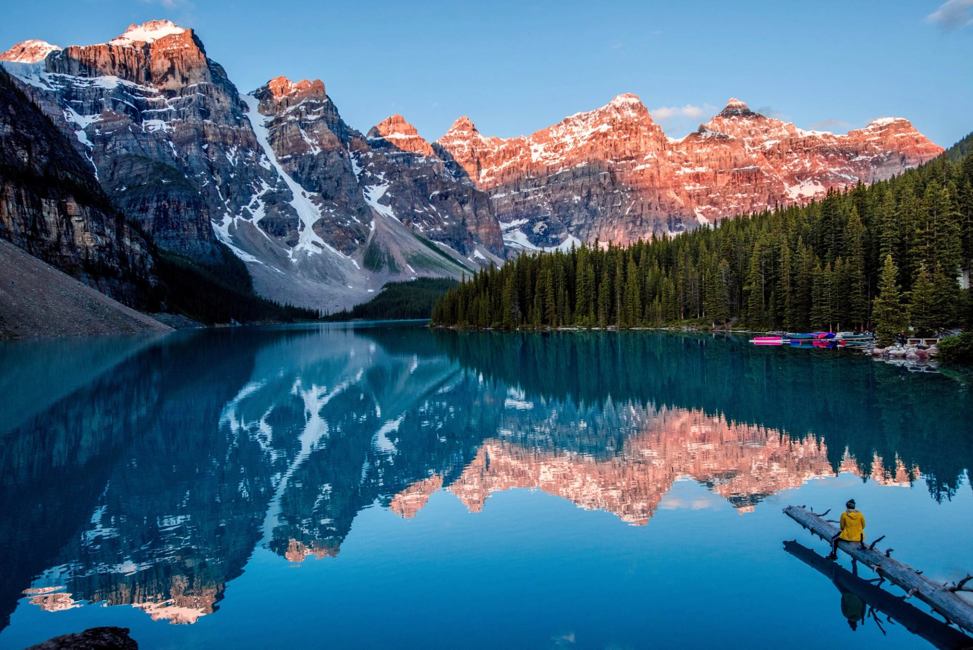 Moraine Lake is a stunning turquoise glacial lake surrounded by the dramatic Valley of the Ten Peaks.