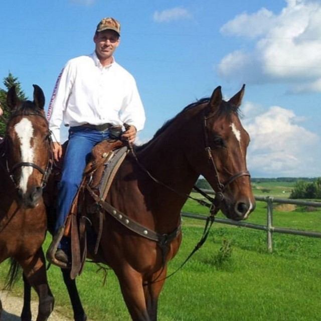 Rider on a brown horse with another horse standing nearby in a green pasture