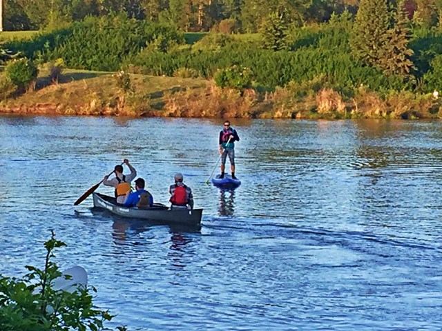 Canoe and paddleboarders enjoying a calm river surrounded by lush greenery.