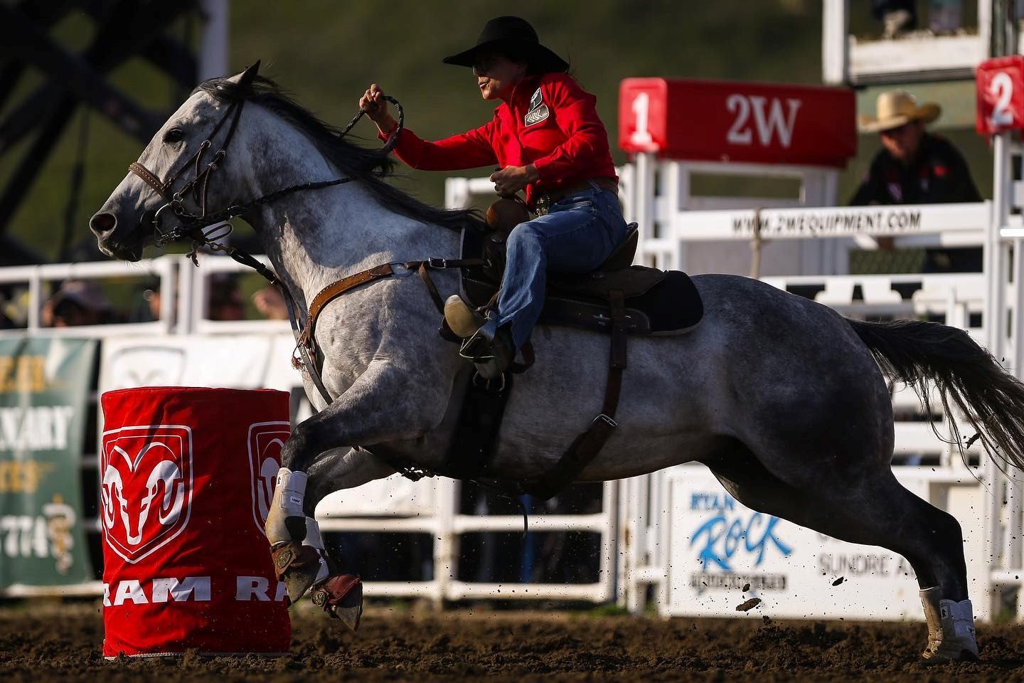 Barrel racer on grey horse rounds red RAM barrel in rodeo arena.