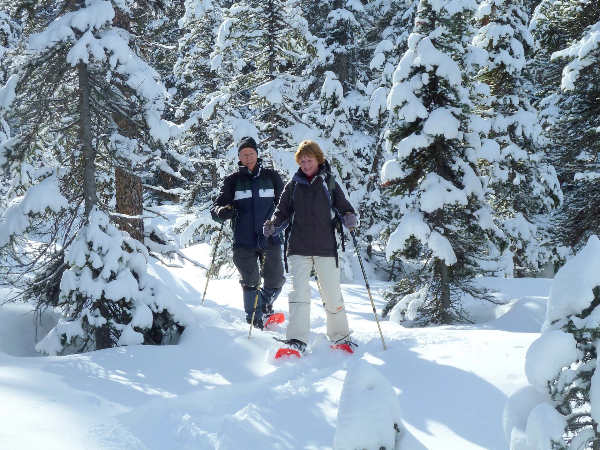 Two snowshoers swishing through fresh powder the day after a snowstorm.