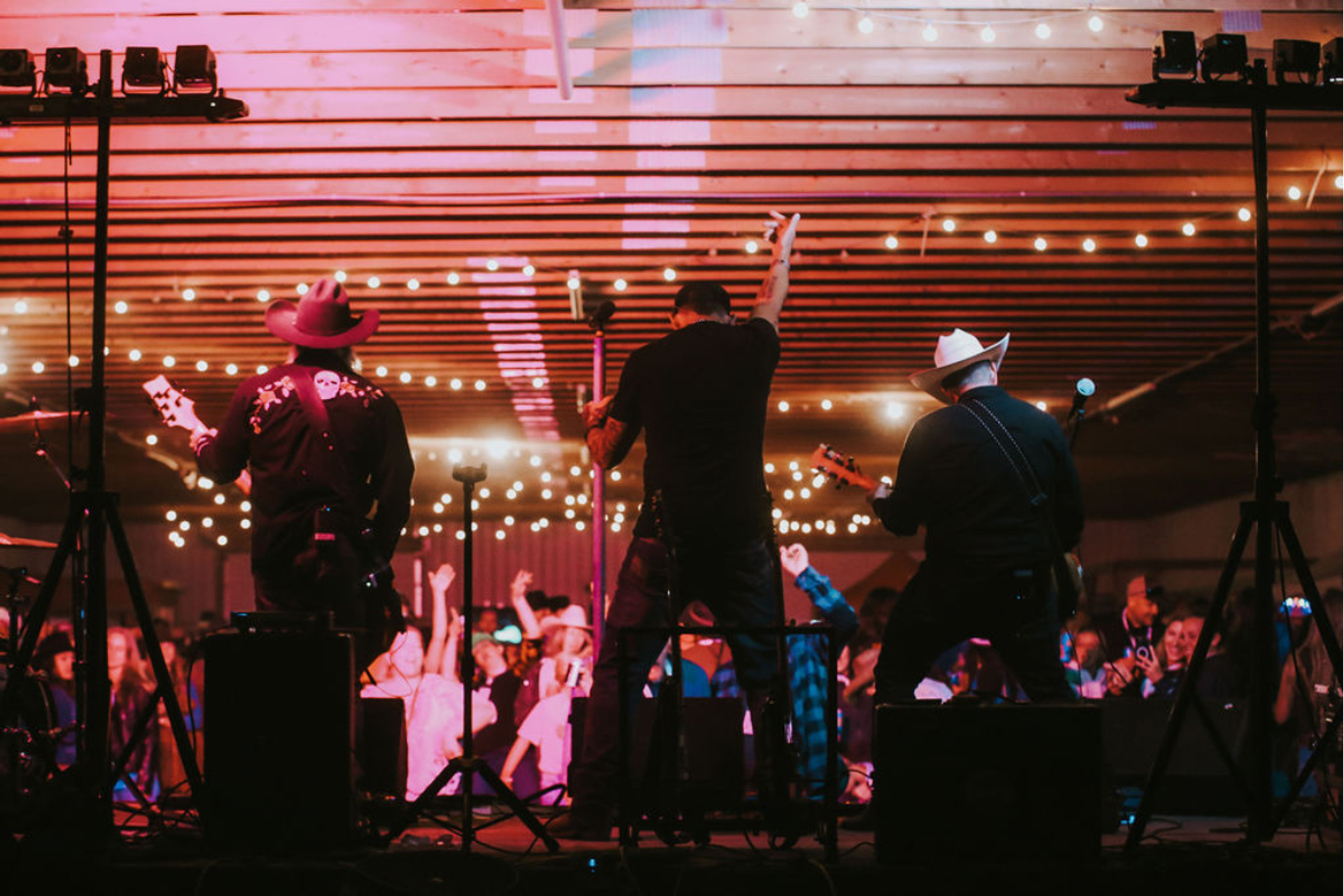 A band on stage. Three men's backs, and the crowd beyond, with hands in the air. 