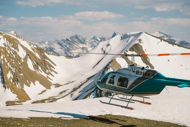 Helicopter landing near Cline Glacier on a tour of the icefields with Rockies Heli Canada