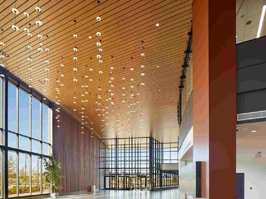 Bright modern interior with wood ceiling, tall windows, and bold red accents.