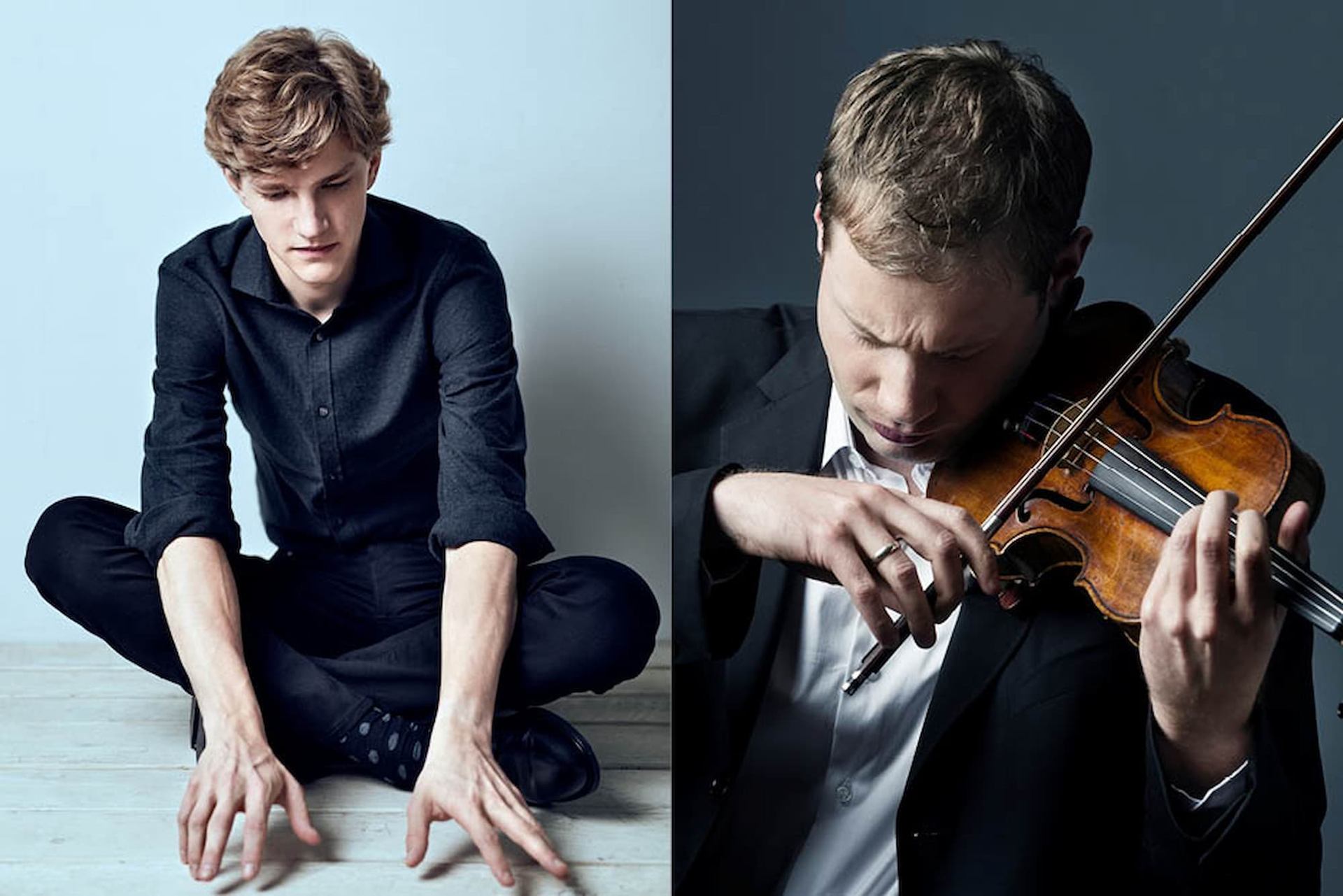 Split portrait of seated person on floor and person playing violin in dark suit.