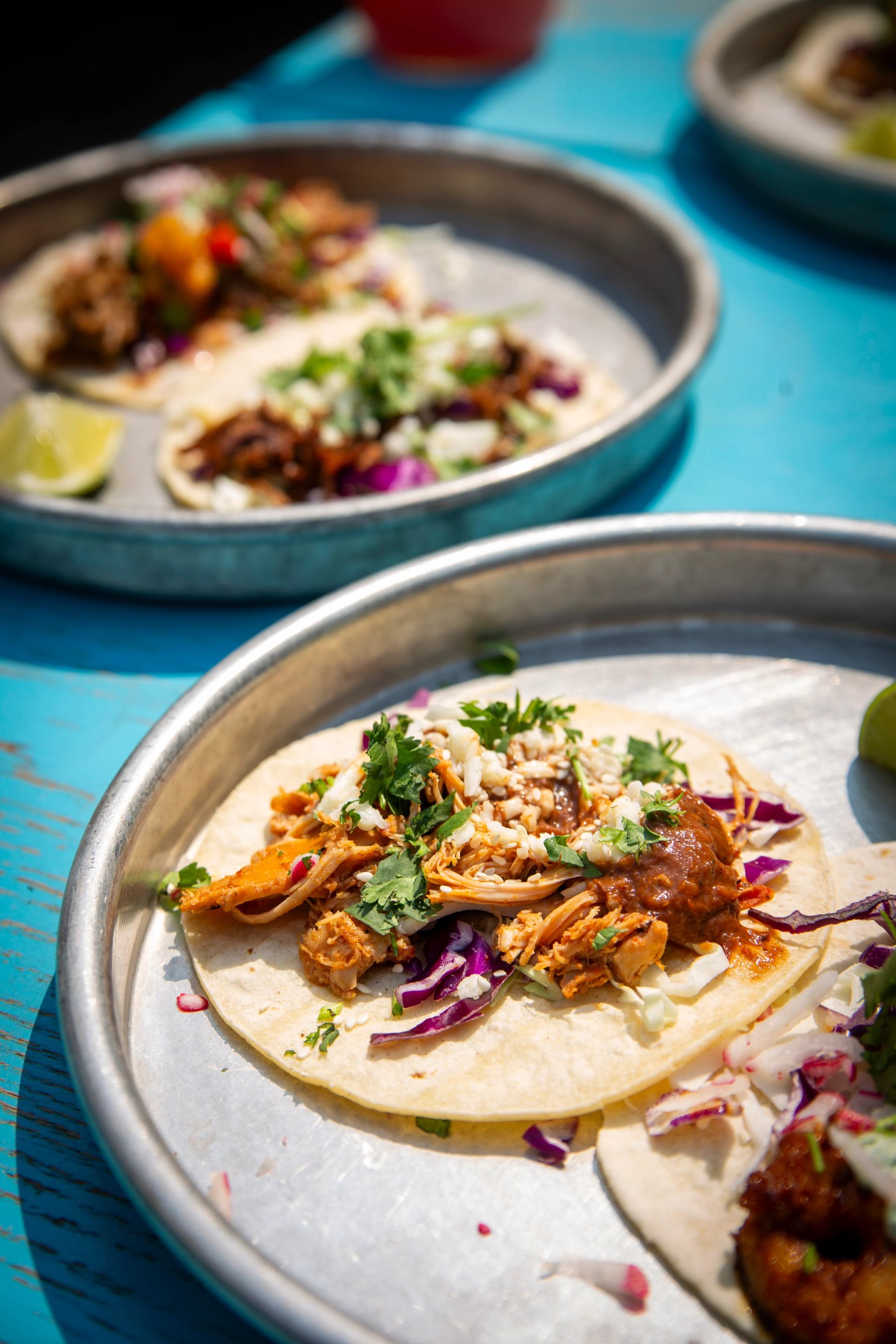 Multiple tacos with shredded meat, cabbage, cheese, and cilantro are served on metal plates on a bright blue table.