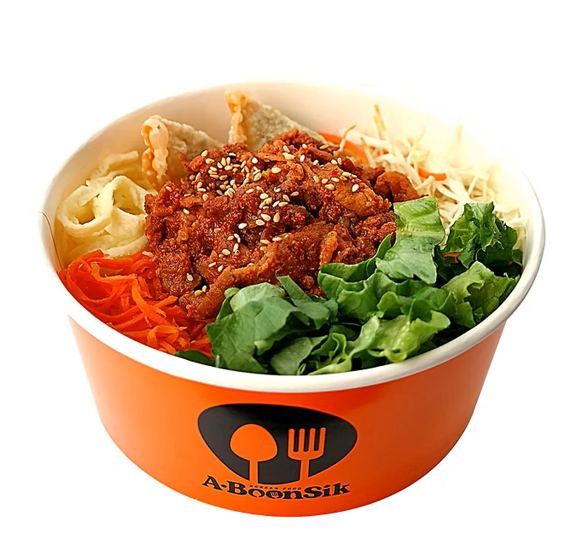A-BoomSik bowl with sesame-topped meat, leafy greens, carrots, cabbage and dumplings.