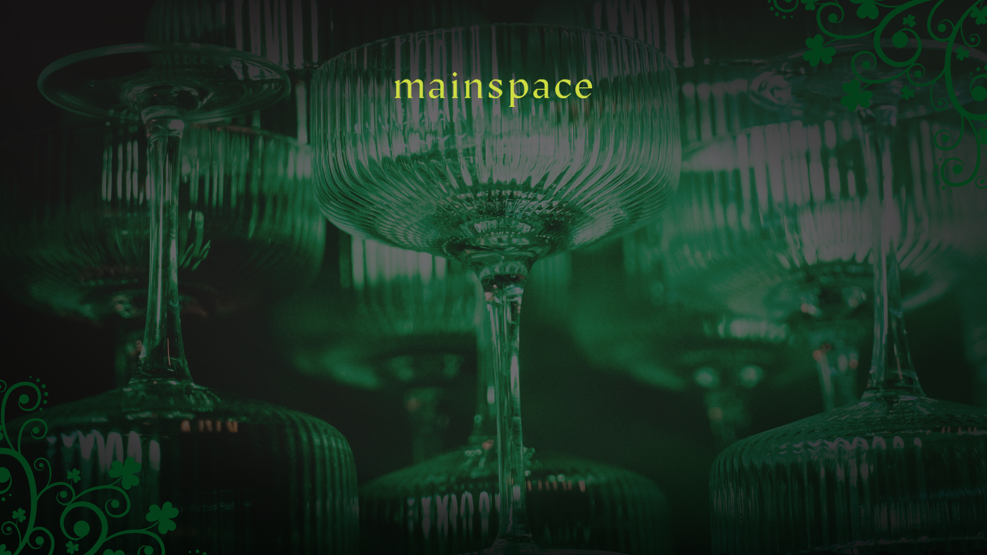 Green-lit bar scene with elegant cocktail glasses and St. Patrick’s Day décor creating a festive atmosphere.