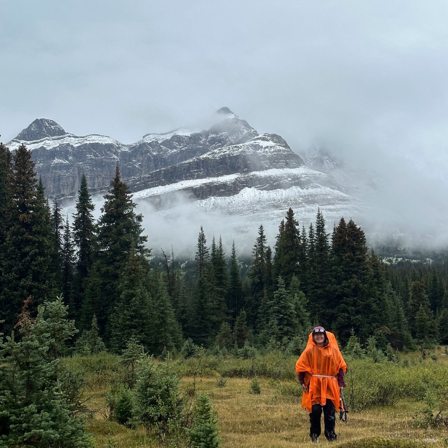 Hiker in bright orange poncho walks through meadow before misty snow-covered mountain.