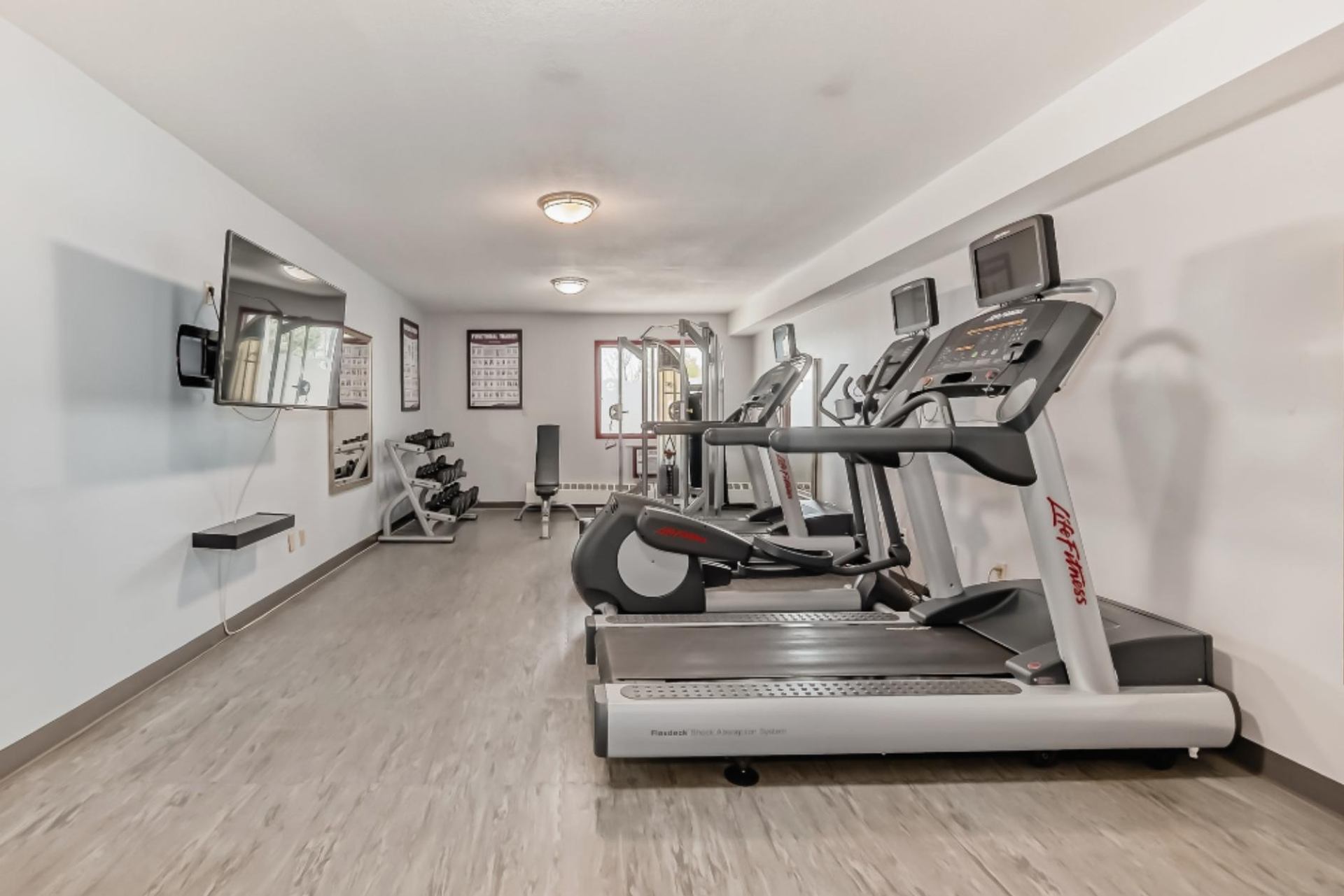 Hotel gym with treadmills, weight machines, and a wall-mounted TV in a bright space