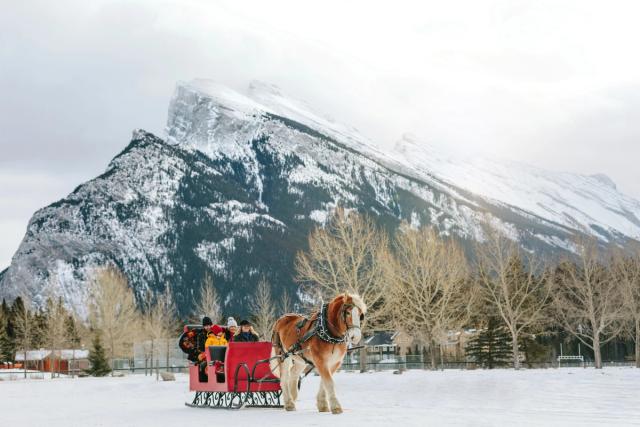 A family enjoying a sleigh ride in Banff National Park.