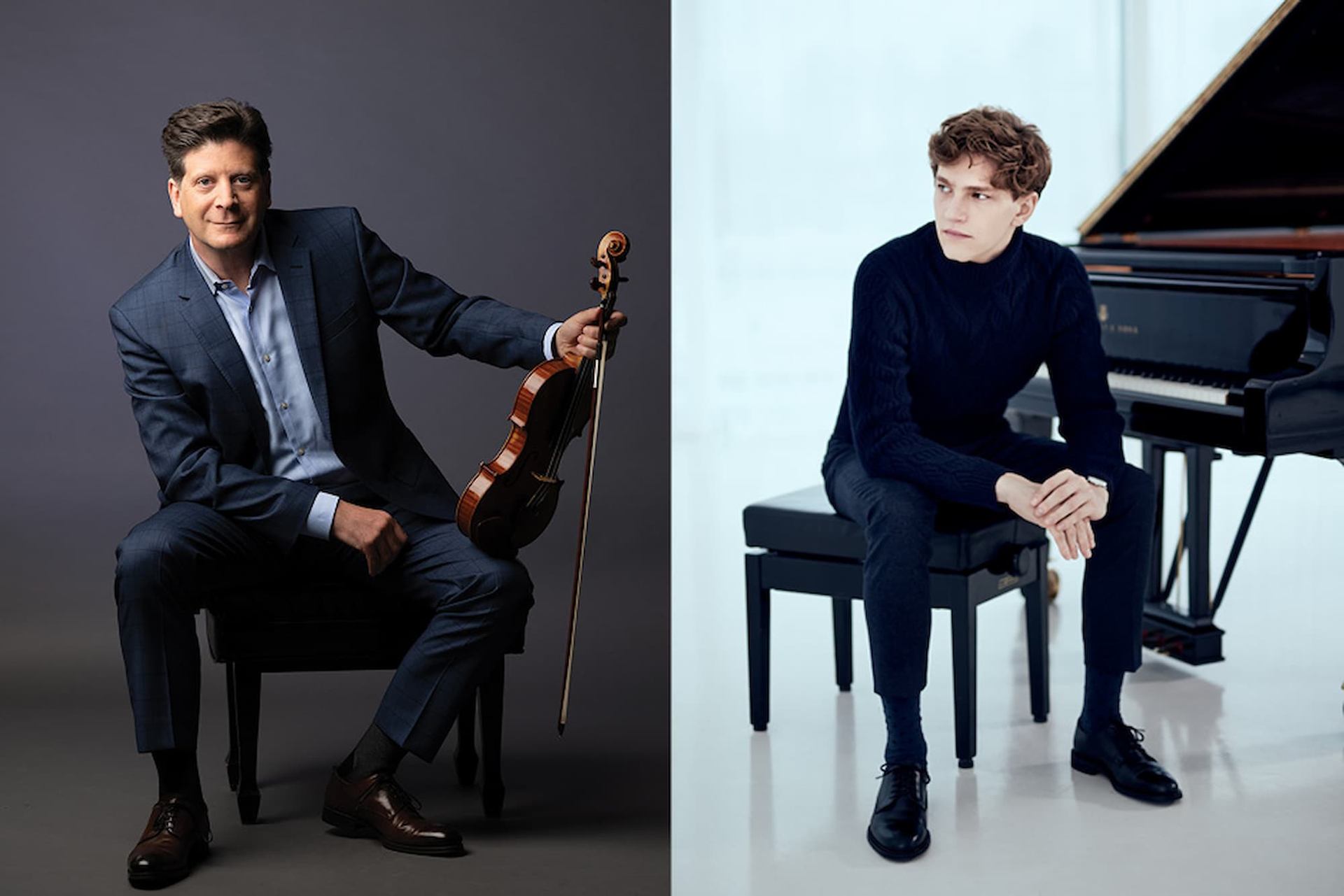 Two musicians seated separately, one holding a violin, one beside a grand piano.