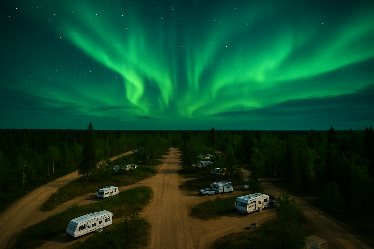 Aerial picture of RV sites at Northern Lights RV Resort with vivid green northern lights in the sky