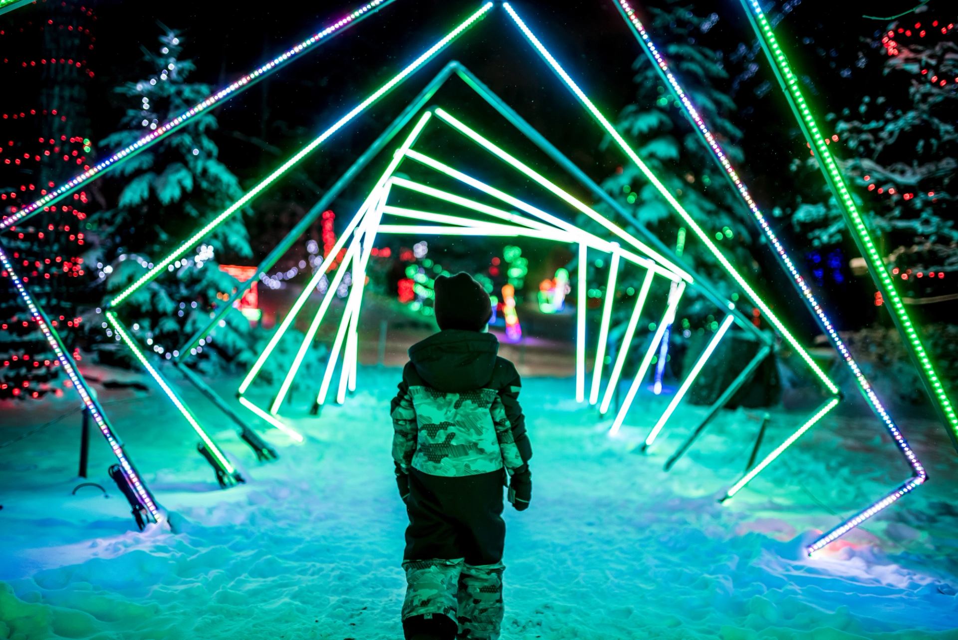 Person stands before an arched walkway of green and white holiday lights in snowy park.