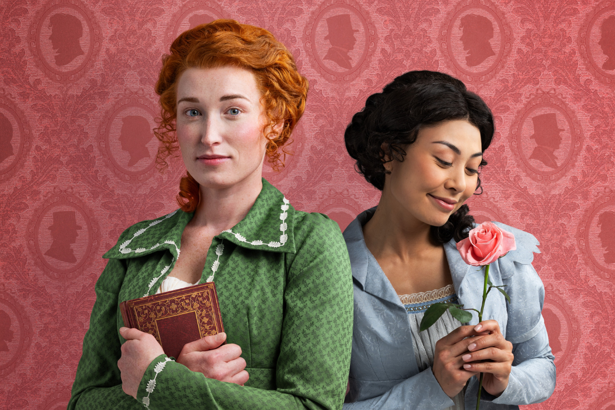 Two women in period costumes, one holding a book, one holding a pink rose.
