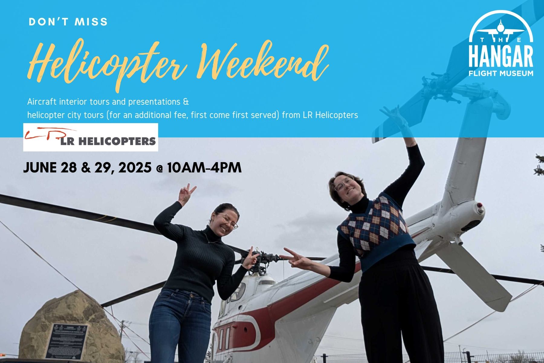 Helicopter Flight Museum promotion showing two people waving beside a helicopter on display.
