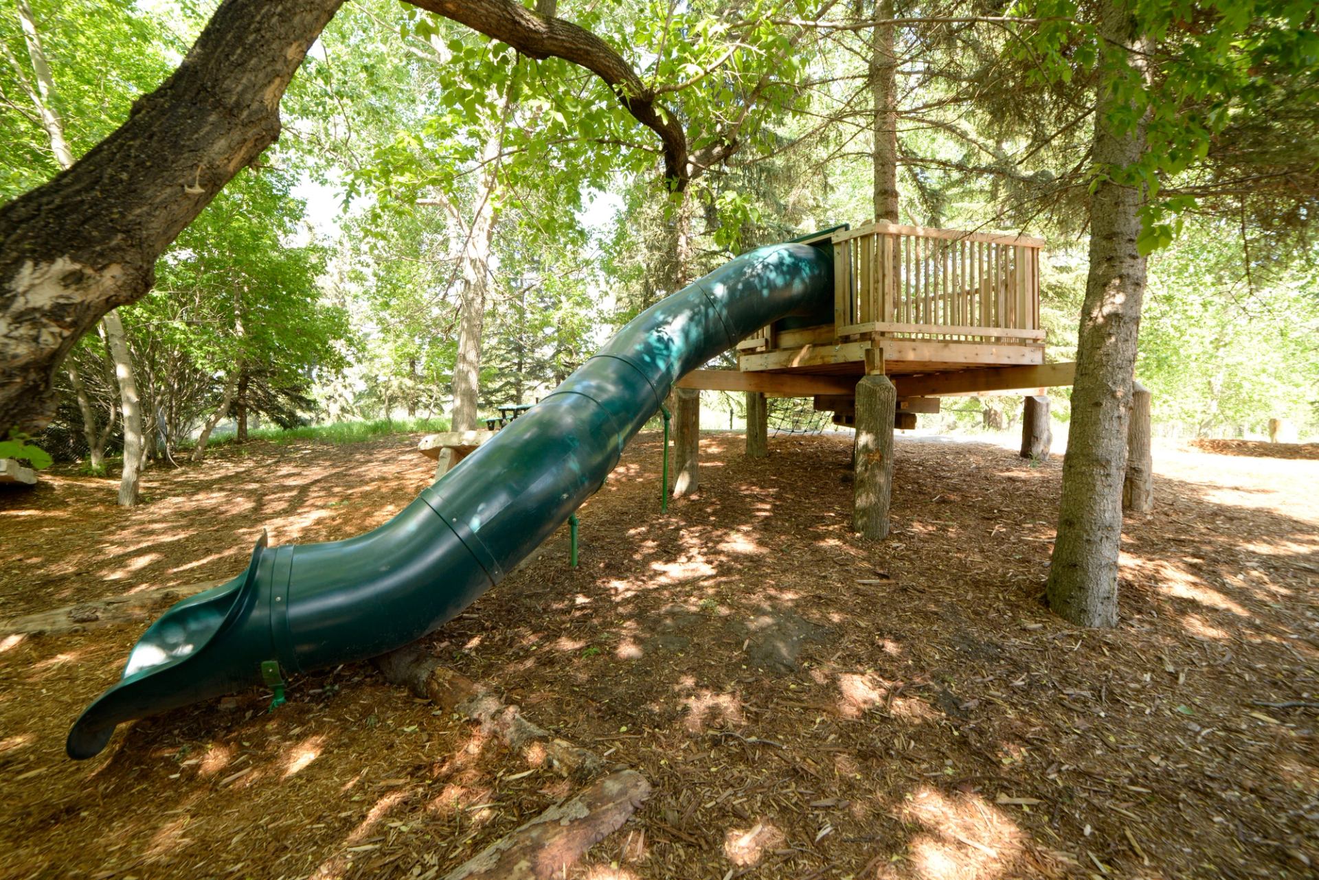The slide is surrounded by trees and wooden structures to engage children in outdoor play.