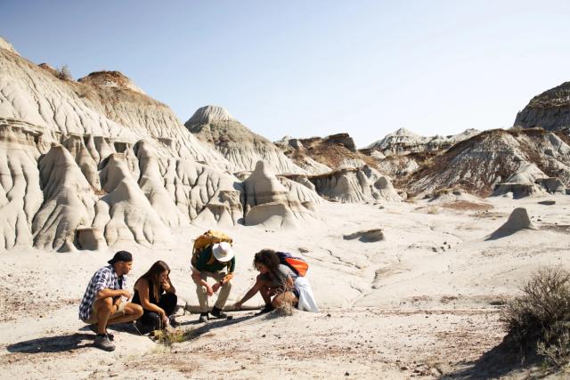 Group of four squatting and looking on an interpretive tour at Dinosaur Provincial Park.