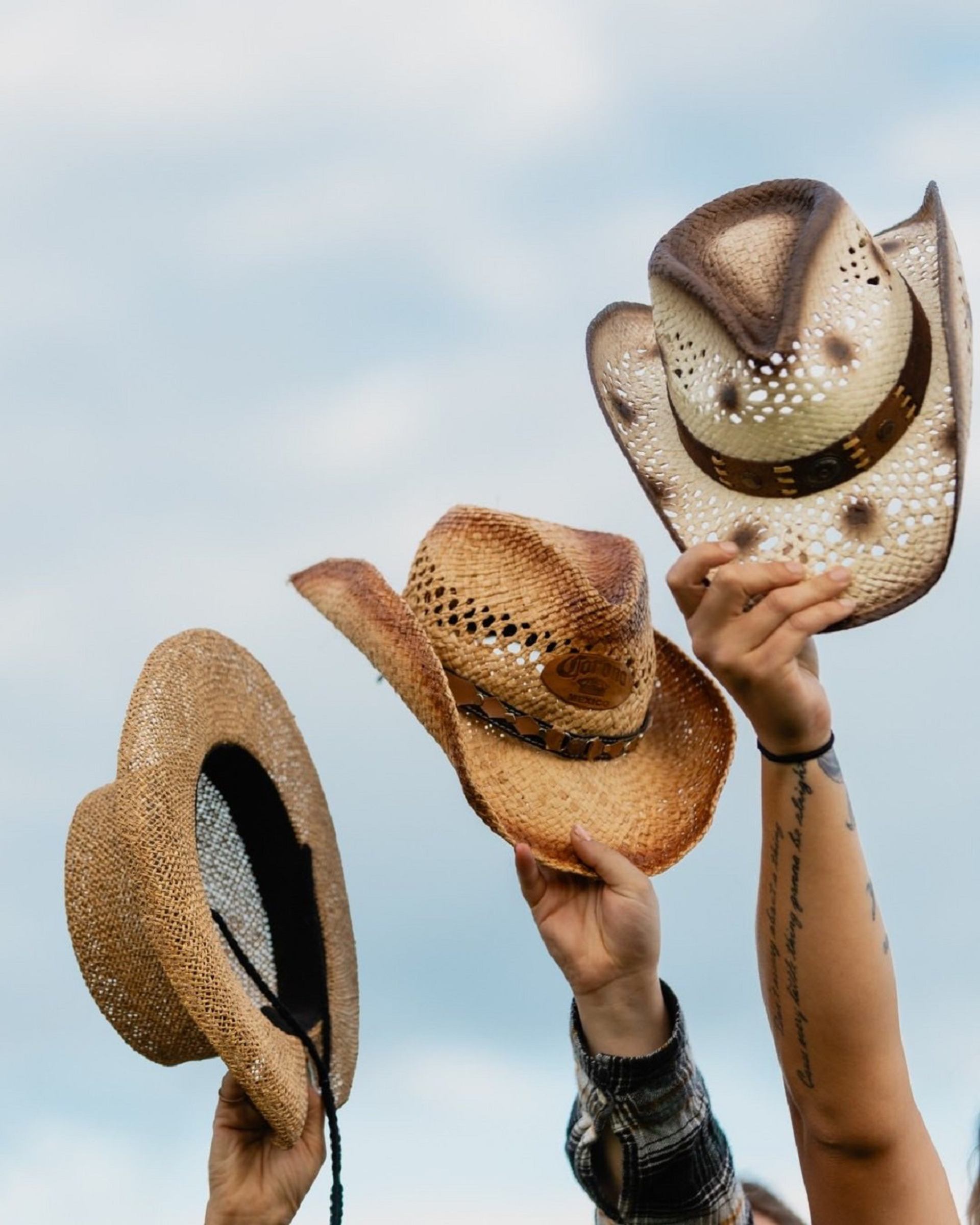 Three cowboy hats held up in the air against the sky.