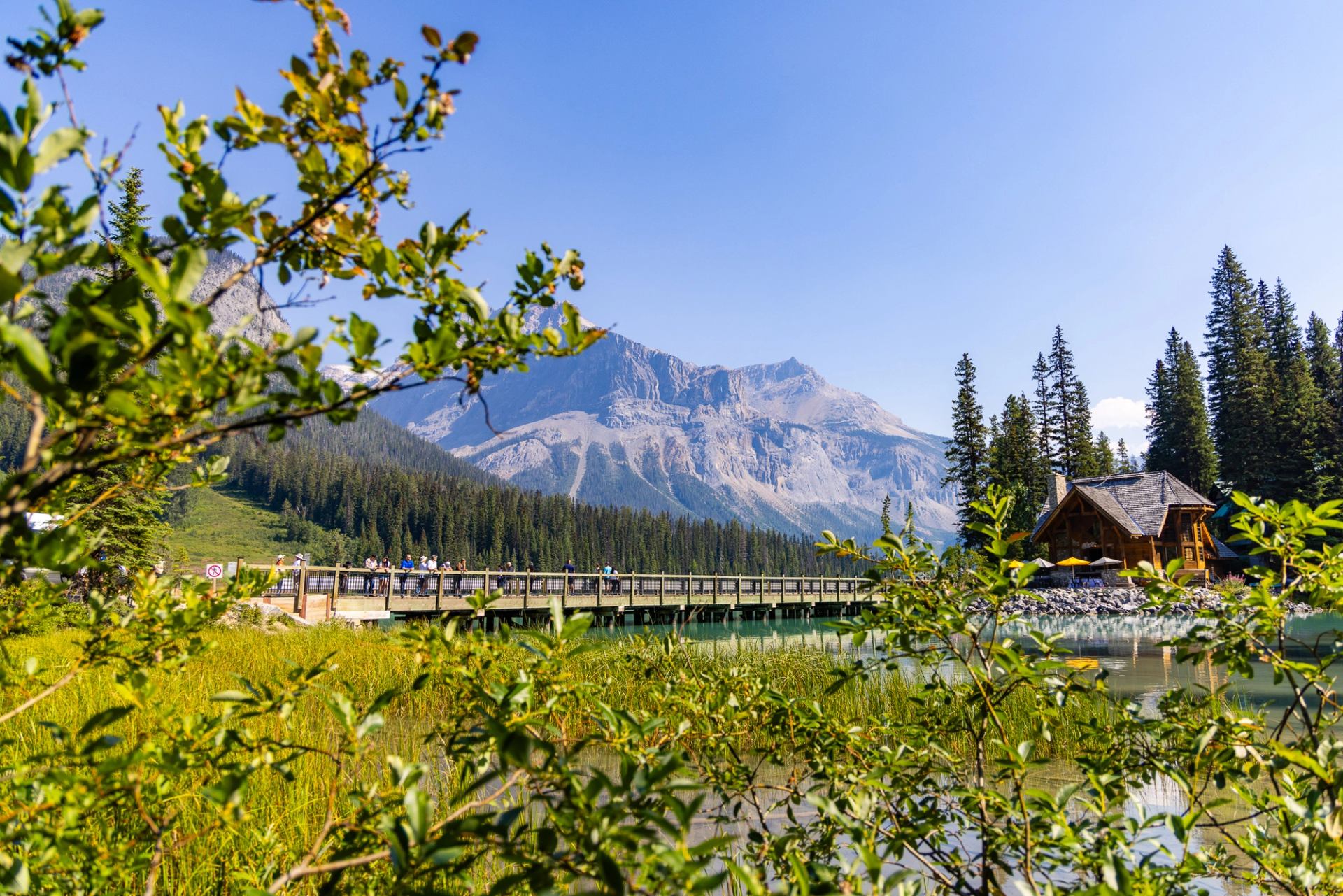 Wooden lodge and bridge over calm lake, framed by shrubs and distant mountains.