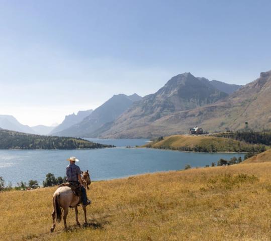 Man on horseback overlooking the Prince of Wales Hotel.